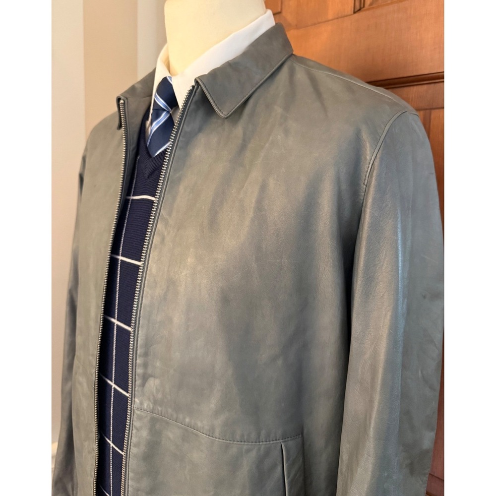 Theory Mens Lambskin Leather Jacket Size M Sage Green Full-Zip Moto Bomber